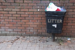 Container marked "litter" holds garbage