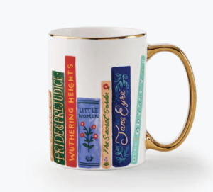 Mug illustrated with book spines