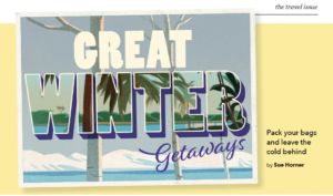 Image of a postcard; text: Great winter getaways