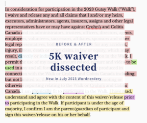 Image of waiver text highlighted in pinky-red. Overlay says “Before & after: 5K waiver dissected. New in July 2023 Wordnerdery.” 