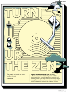 An image of a record on a turntable, with the words, "Turn up the Zen. The magic of music on mind, body and soul."