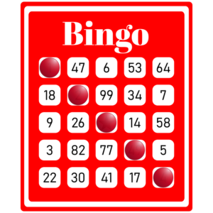 Closeup of a red bingo card with white squares of numbers.