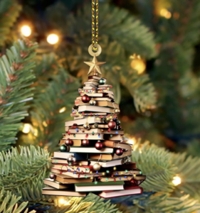 Christmas ornament that looks like a stack of books.