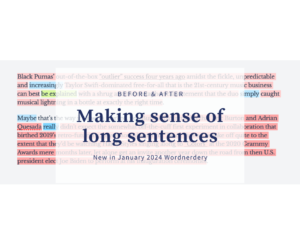 Image shows copy highlighted in pink showing hard-to-read sentences. Text reads, “Before & After. Making sense of long sentences. New in January 2024 Wordnerdery.”