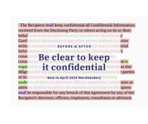 Image shows a block of text highlighted in pinky-red. Text overlaying it reads, “Before & After. Be clear to keep it confidential. New in April 2024 Wordnerdery.”
