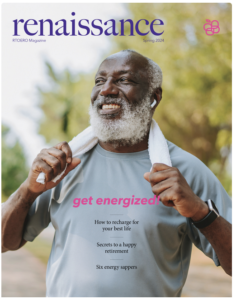 Cover of Spring 2024 Renaissance magazine shows a smiling bearded man holding a towel around his neck.
