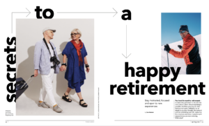 Newsletter layout shows a photo of a casually dressed older couple holding hands and pulling a wheeled suitcase on the left; on the right is a photo of a man in ski gear on a mountain against a blue sky. Headline text reads, “Secrets to a happy retirement.”