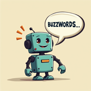 A smiling robot with a speech bubble that says "Buzzwords..."