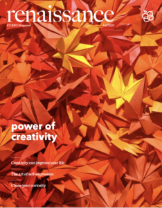 Cover of Renaissance magazine, showing red paper cranes.