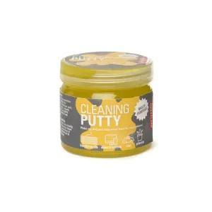 Jar with yellow label that says "Cleaning putty." 