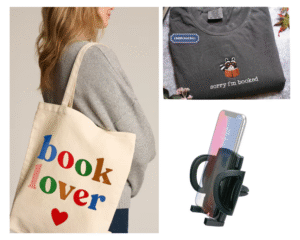 Collage shows a woman with a canvas tote that reads "Book lover" over her shoulder; a t-shirt that has an embroidered raccoon reading a book; and a device to hold your phone in the car.