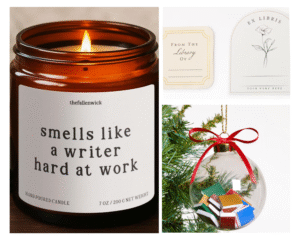 Collage shows a candle in a jar with a label reading, smells like a writer hard at work; two bookplates that say "From the library of" and "Ex Libris;" and a round glass ornament holding a pile of mini books. 