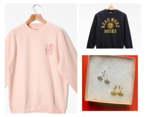 Collage with a pink sweatshirt with small LOVE emblem; a navy sweatshirt that says "Read more books;' and a box with two pairs of earrings resembling open books.