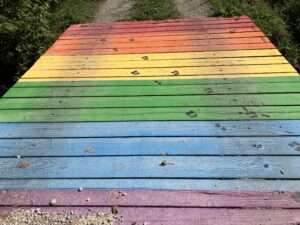 Esther’s hoofprints, made from a stencil of her hoof, lead across a bridge striped in rainbow colours.